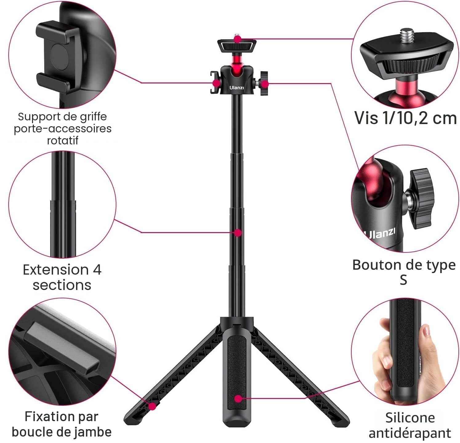 Perche à Selfie ULANZI MT-16 avec déclencheur à Distance, Support de téléphone Portable, trépied de Table pour Webcam, Appareil Photo, Mini trépied pour Smartphone iPhone Samsung