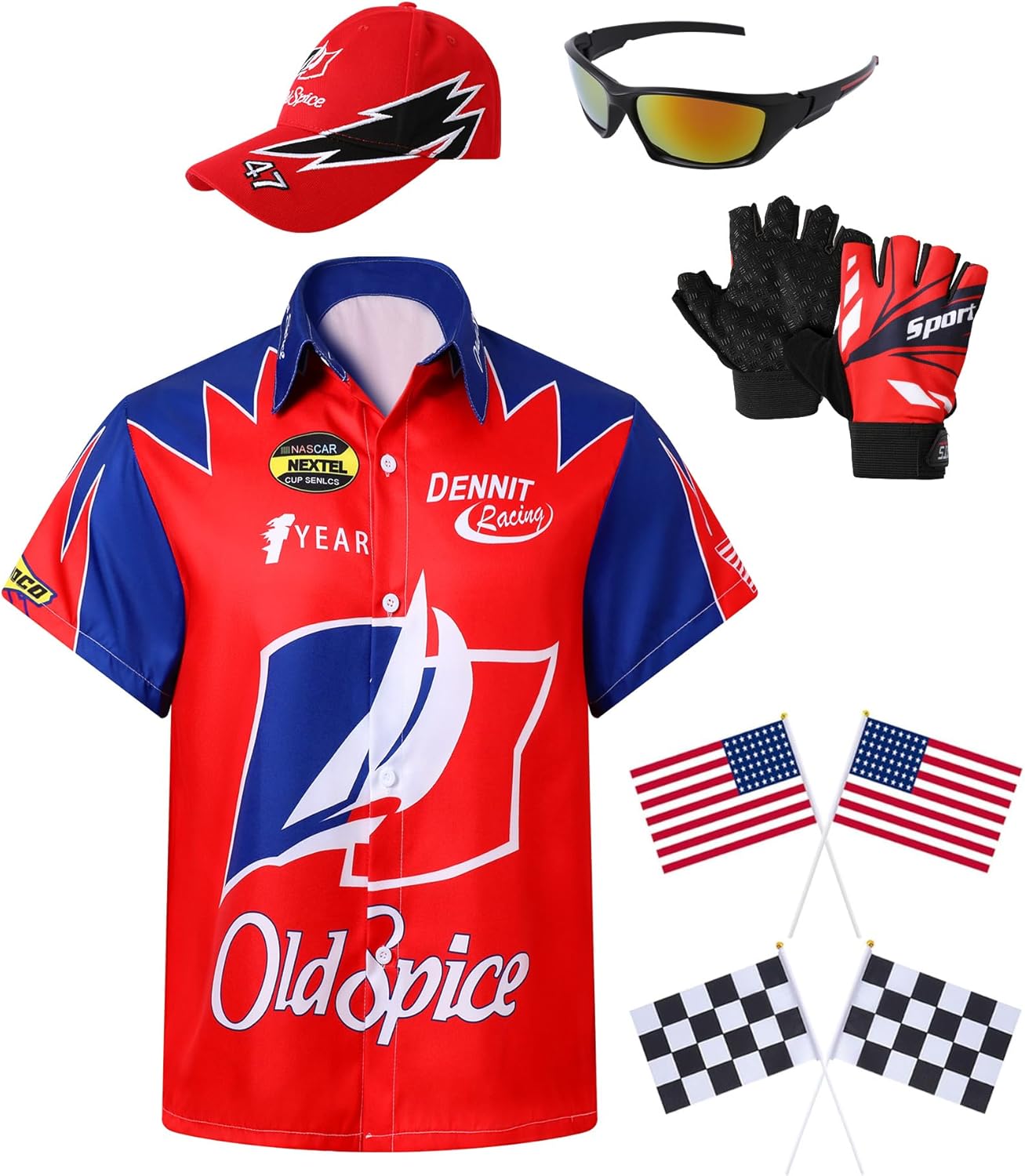6PCS Characters Costumes in Talladega Nights Shirt Gloves and Accessories Set Race Car Costume for Parties and Halloween