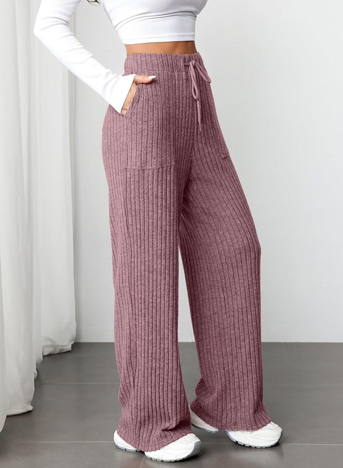 Aleumdr Womens Ribbed Wide Leg Lounge Pants with Pockets Casual Relaxed Comfy Loose Soft Knit Pajama Pants with Drawstring - Image 2