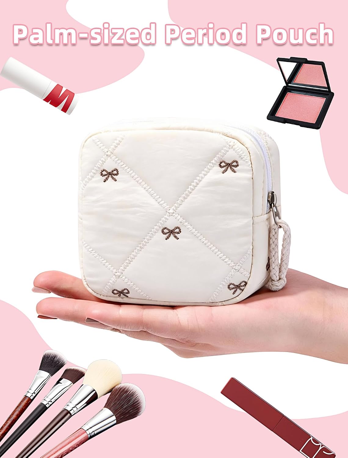 Quilted Bow Period Bag, Period Pouches for Teen Girls Women(Beige) image 5