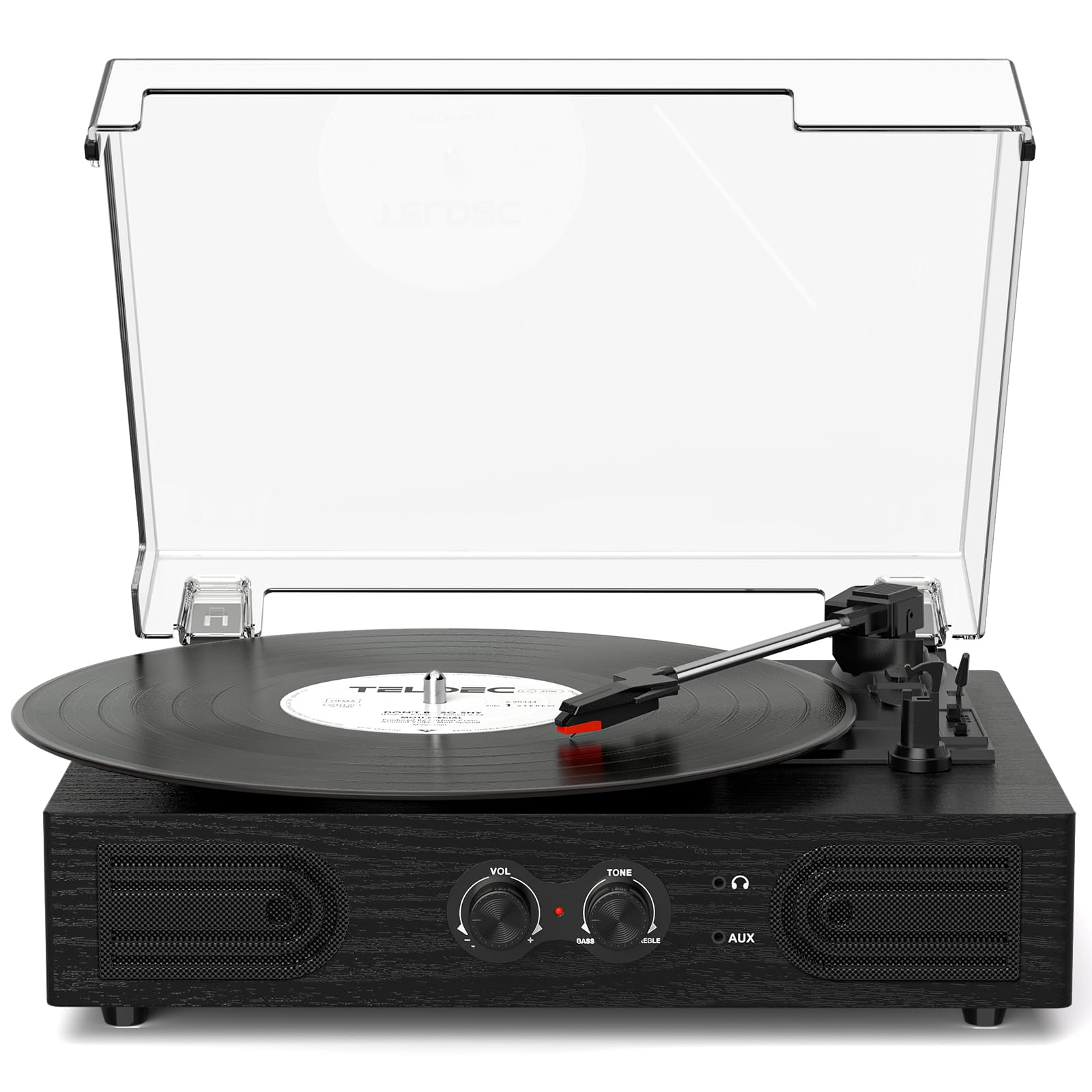 Vinyl Record Player with Built-in Speakers 3-Speed Vintage Record Player Support Treble& Bass Control, 3.5mm Headphone Jack, RCA-Out/Aux in,