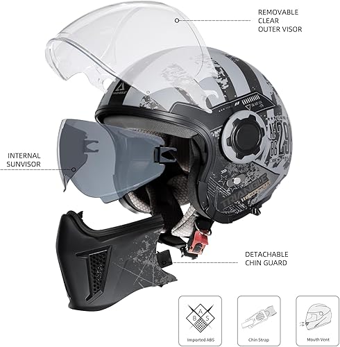 Miniatura 4 de TRIANGLE Casco de motocicleta de cara abierta 34 mitad para hombres con visera extra transparente, crucero, scooter, bicicleta de calle, aprobado
