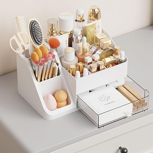Yieach Organizador de maquillaje blanco con soporte para cepillos, organizadores de maquillaje de encimera grande para tocador, tocador superior y