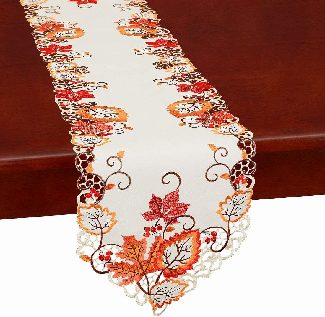 Simhomsen Thanksgiving Harvest Maple Leaves Table Runners, Autumn Or Fall Decorations, Embroidered (14 × 69 Inch)