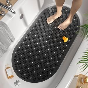 HITSLAM Oval Bath Mat Non Slip, 68x38 CM Bubble Shower Mat for Bathroom, Machine Washable Bathtub Mat Non-Slip with Suction Cups and Drain Holes, Bathroom Accessories, Black