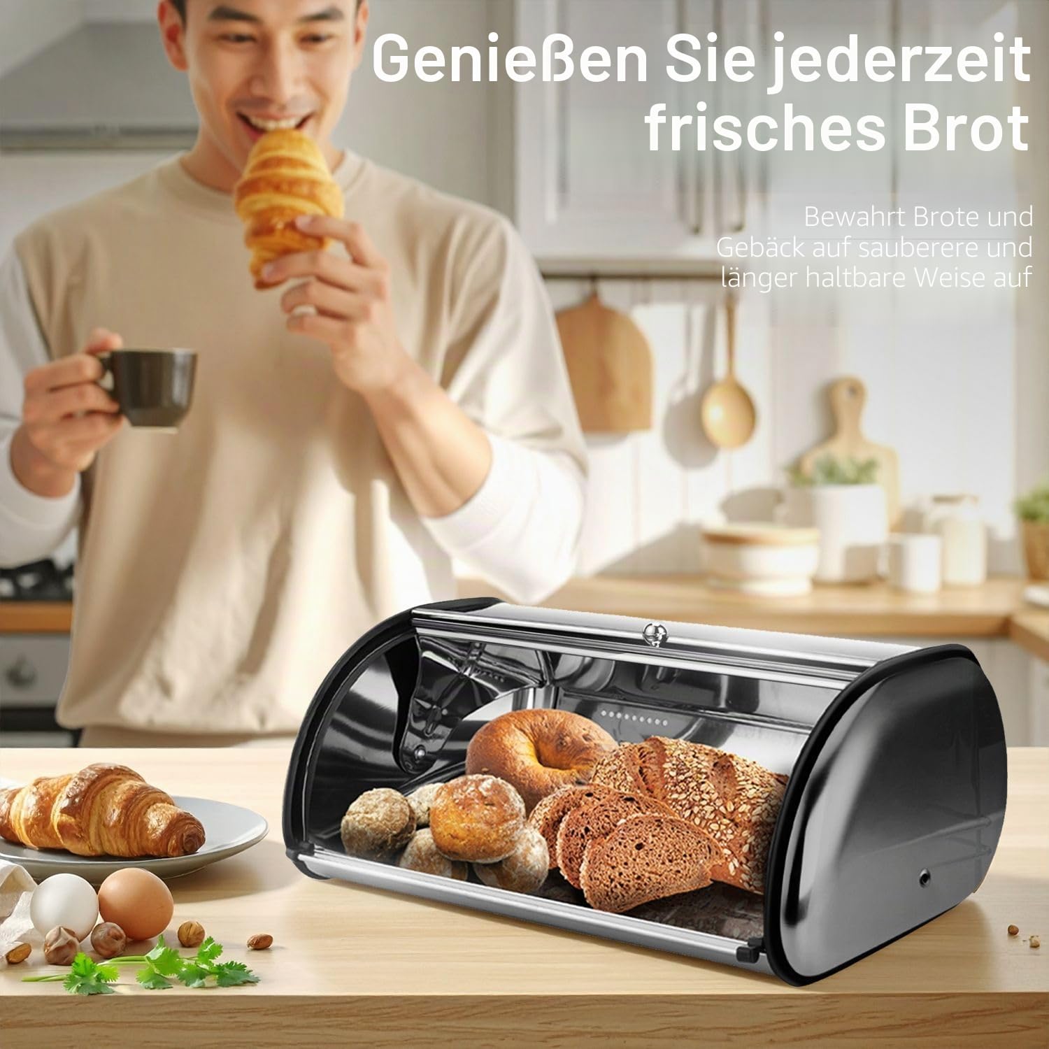 Flexzion Brotkastenhalter aus Edelstahl mit aufrollbarem Deckel, Aufbewahrungsbehälter für hausgemachte Kuchen, Brötchen, Toasts, Brote, Gebäck, Zuhause, Küche 17 Inch with Window edelstahl