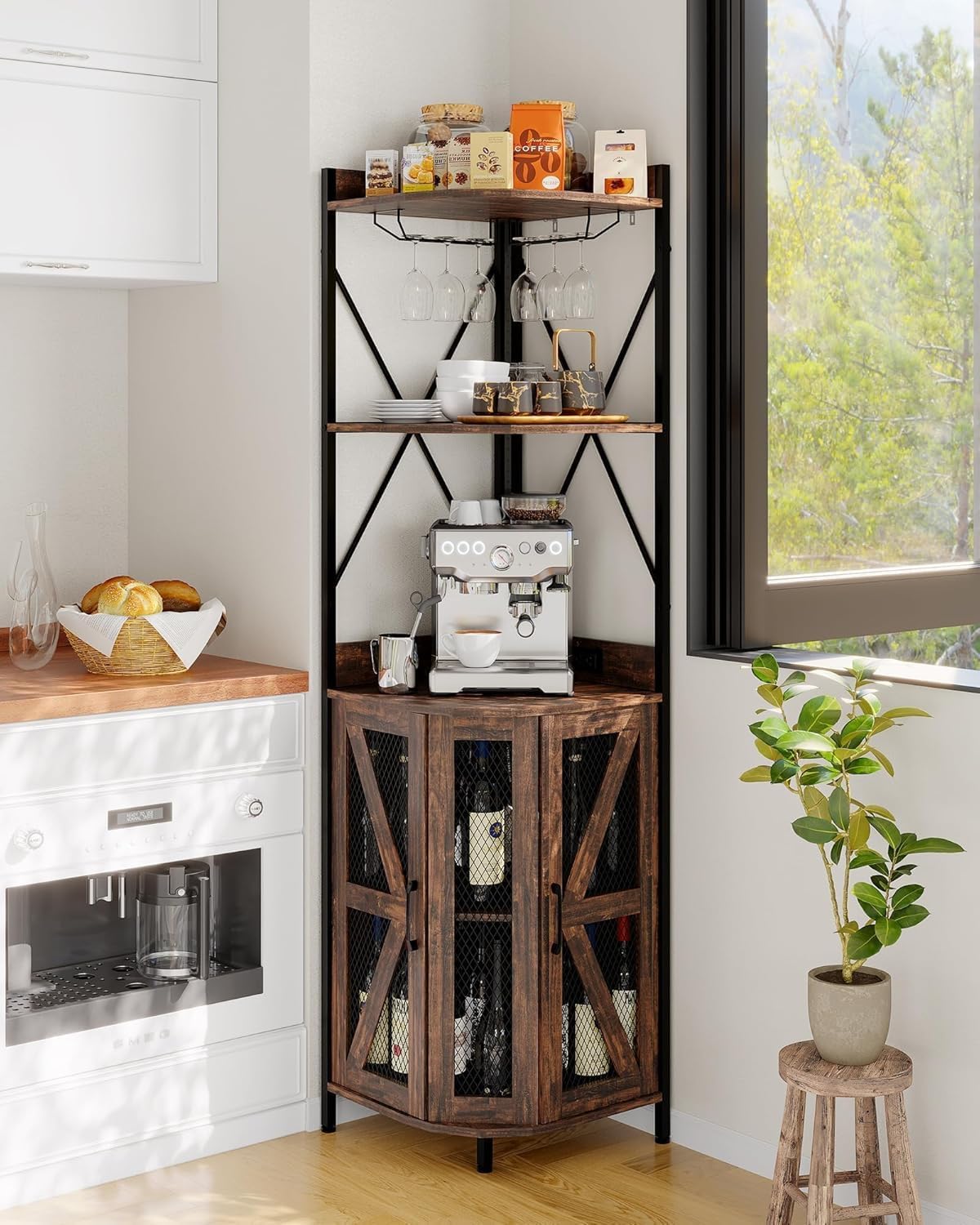 Zstar Armario De Vino Esquinero con Iluminación RGB, Estantes Ajustables y Portavasos, Almacenamiento para 12 Botellas, Diseño Multifuncional De Metal y Madera, Ideal para Hogar y Bar