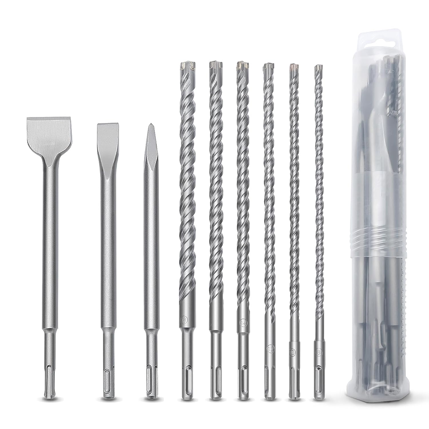 9 Pcs 5/16 to 11/16 inch (8-18mm) SDS Plus Rotary Hammer Drill Bits and Chisel Set, 8mm to 18mm SDS Plus Masonry Drill Bits Set for Concrete, Brick, Cement，Masonry Work, Length :12.2 inch