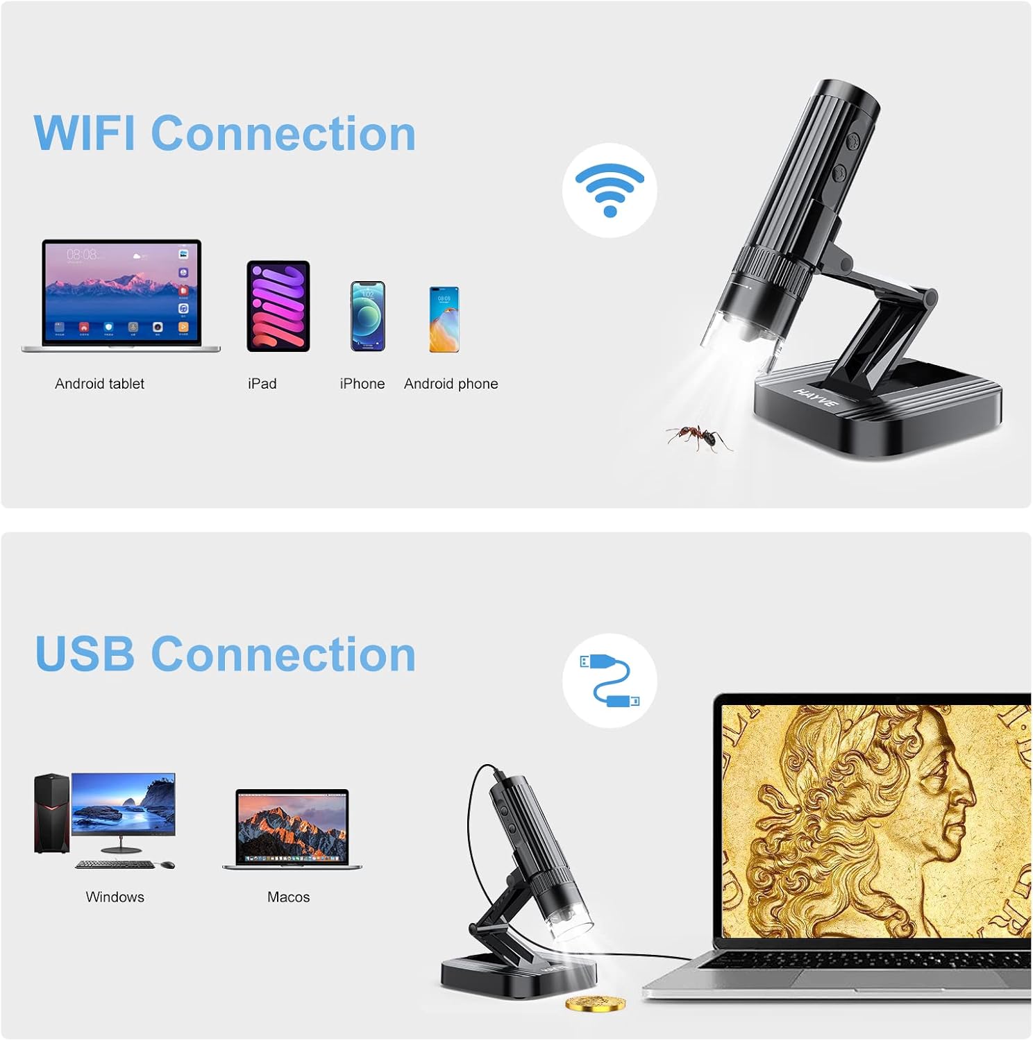Diagram showing WiFi connection to mobile devices and USB connection to computers for the Hayve W1 microscope
