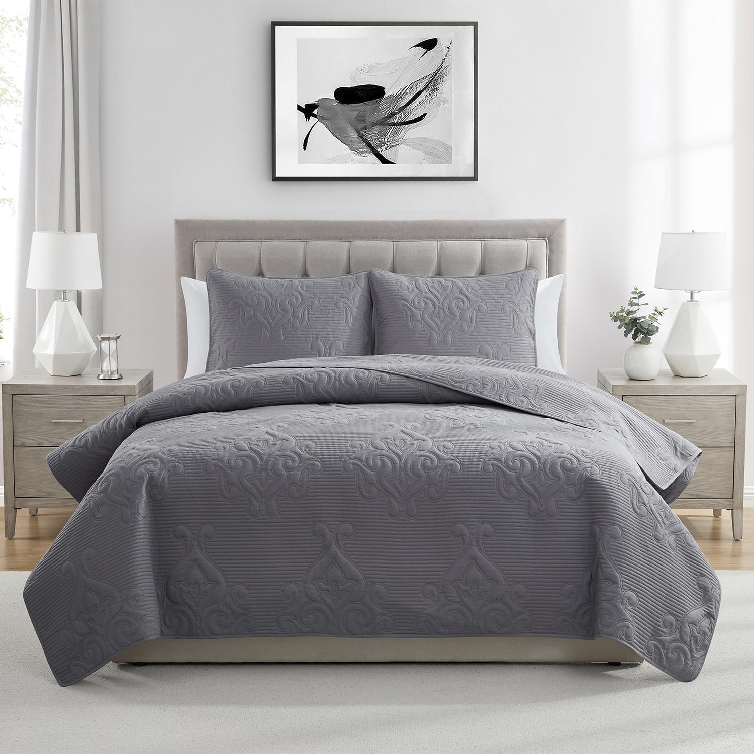 Queen/Full 3-Piece Quilt Set - Quilt & Pillow Shams | Elegant Textured Design | Soft & Smooth Microfiber | Lightweight & Breathable, Comfortable for All-Seasons | Easy Wash | Solomun Grey