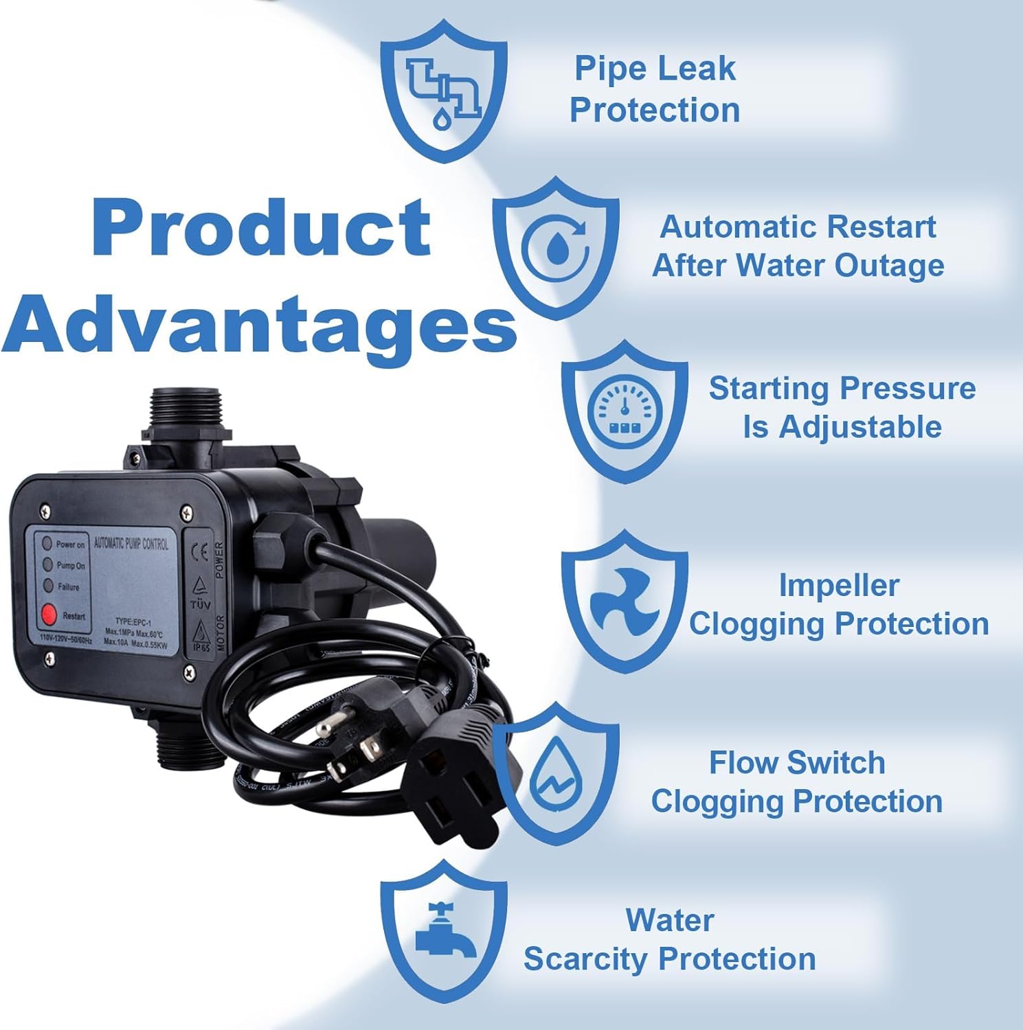Smart Water Pump Pressure Controller - Automatic Electronic Switch, Adjustable Pressure Range 1.5-2.5bar, Easy Plug-and-Play, 110-120V, Ideal for Various Pump Types