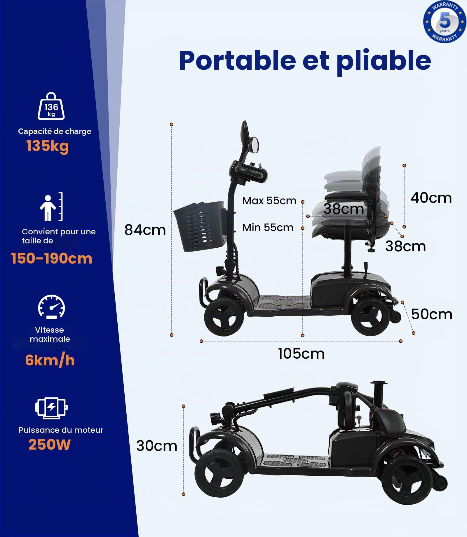 VOCIC Scooter de mobilité pliable à 4 roues pour seniors D42, 20 km | pneus tout-terrain résistants aux crevaisons, moteur de 250 W Mobilité, housse de protection incluse, Noir