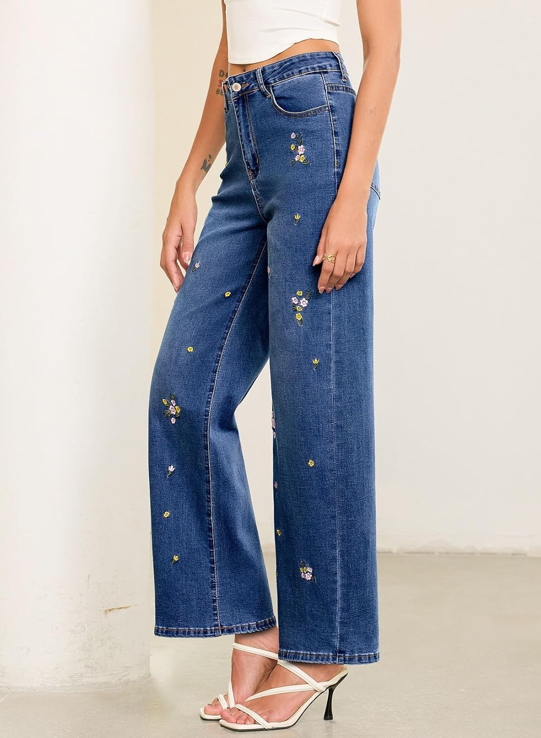 Sidefeel Women's Straight Leg Embroidered Jeans High Waisted Stretchy Wide Leg Denim Pants - Image 3