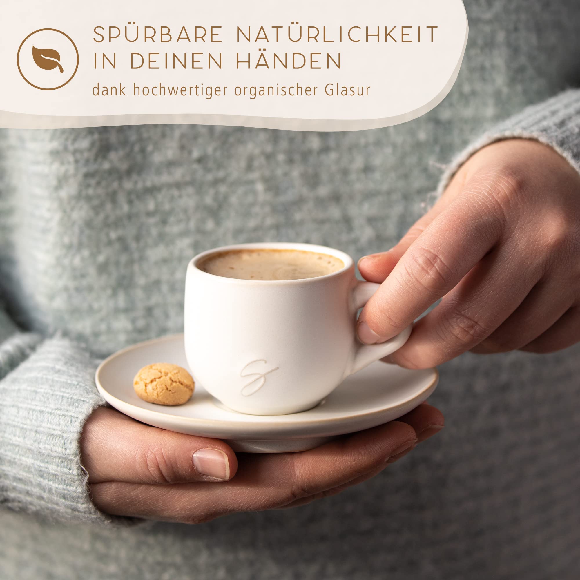 STEINZEIT Design Espressotassen (6x80ml) - Espressotassen Set mit passenden Untertassen - Espressokaffeetassen aus 100% Handfertigung - stapelbare Mokkatassen in Weiß
