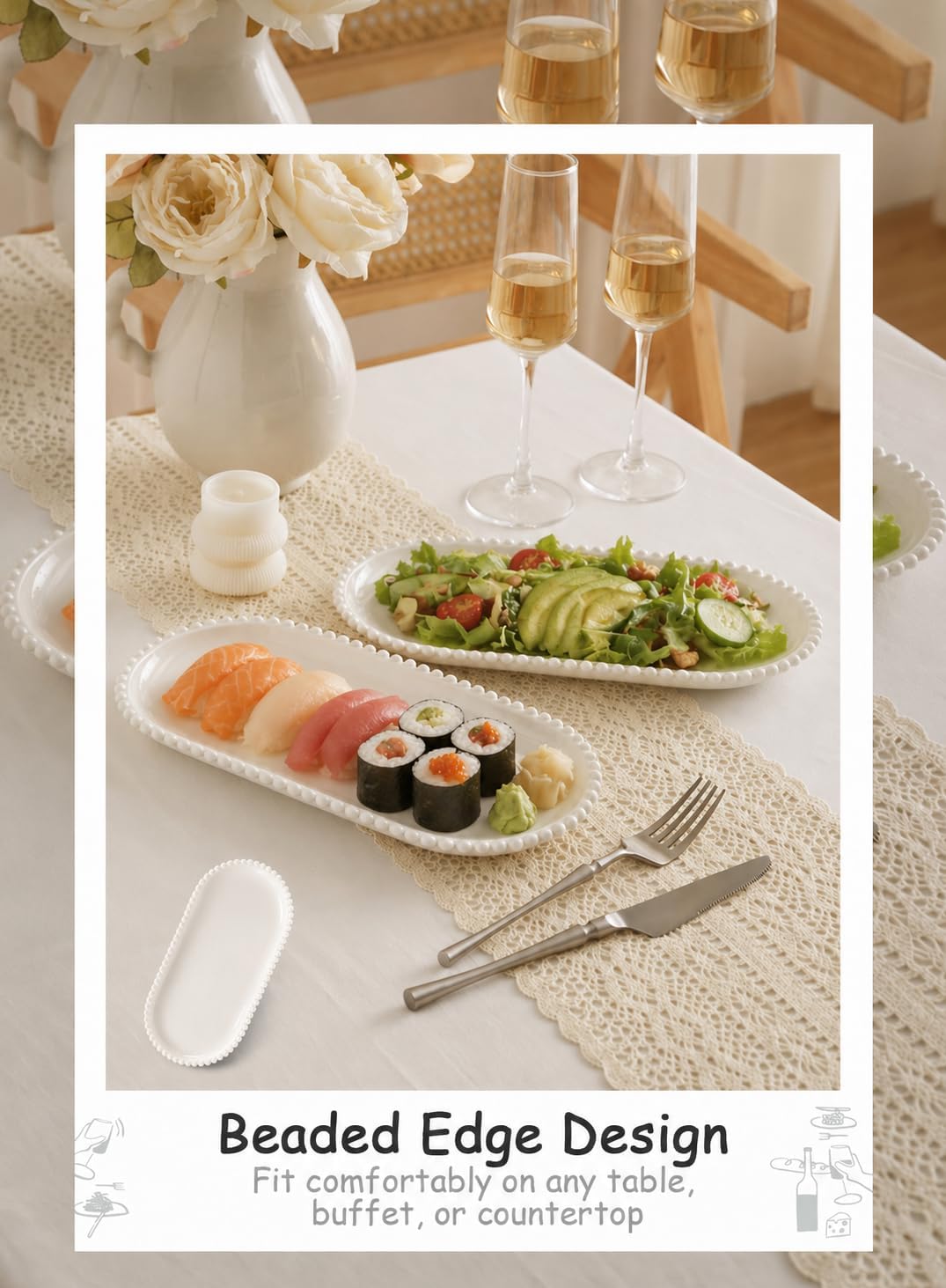 12 Inch White Porcelain Oval Serving Platters, Bead Rim, Set of 6