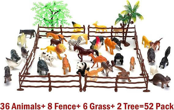 Kimicare Animal Figurines Toys, 46 Pcs Small Mini Realistic Safari Zoo Plastic Animals Figures Learning Educational Toy Set for Kids Toddlers Jungle Wild Forest Animals Playset Cupcake Topper