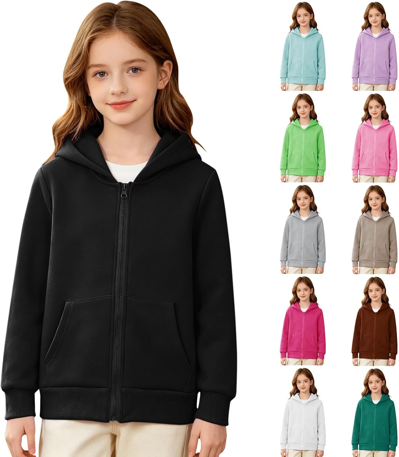 Girls Athletic Zip Hoodies Kids Side Slits Sweatshirts Thumb Hole Pullover Tops 5 To 14 Years