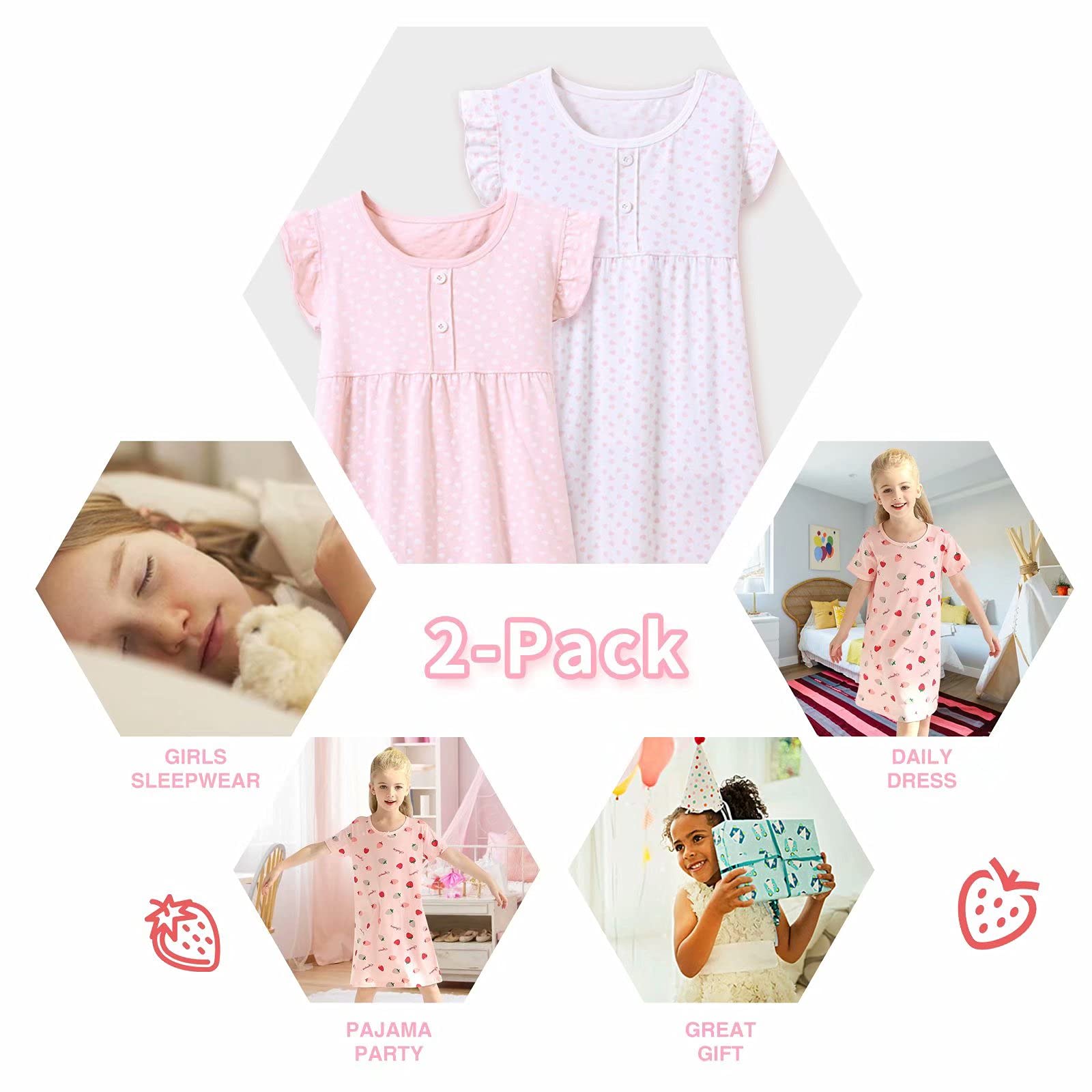 BANGSAUR Lot de 2 chemises de nuit en coton avec imprimé cœur - Pour fille - 3 à 15 ans