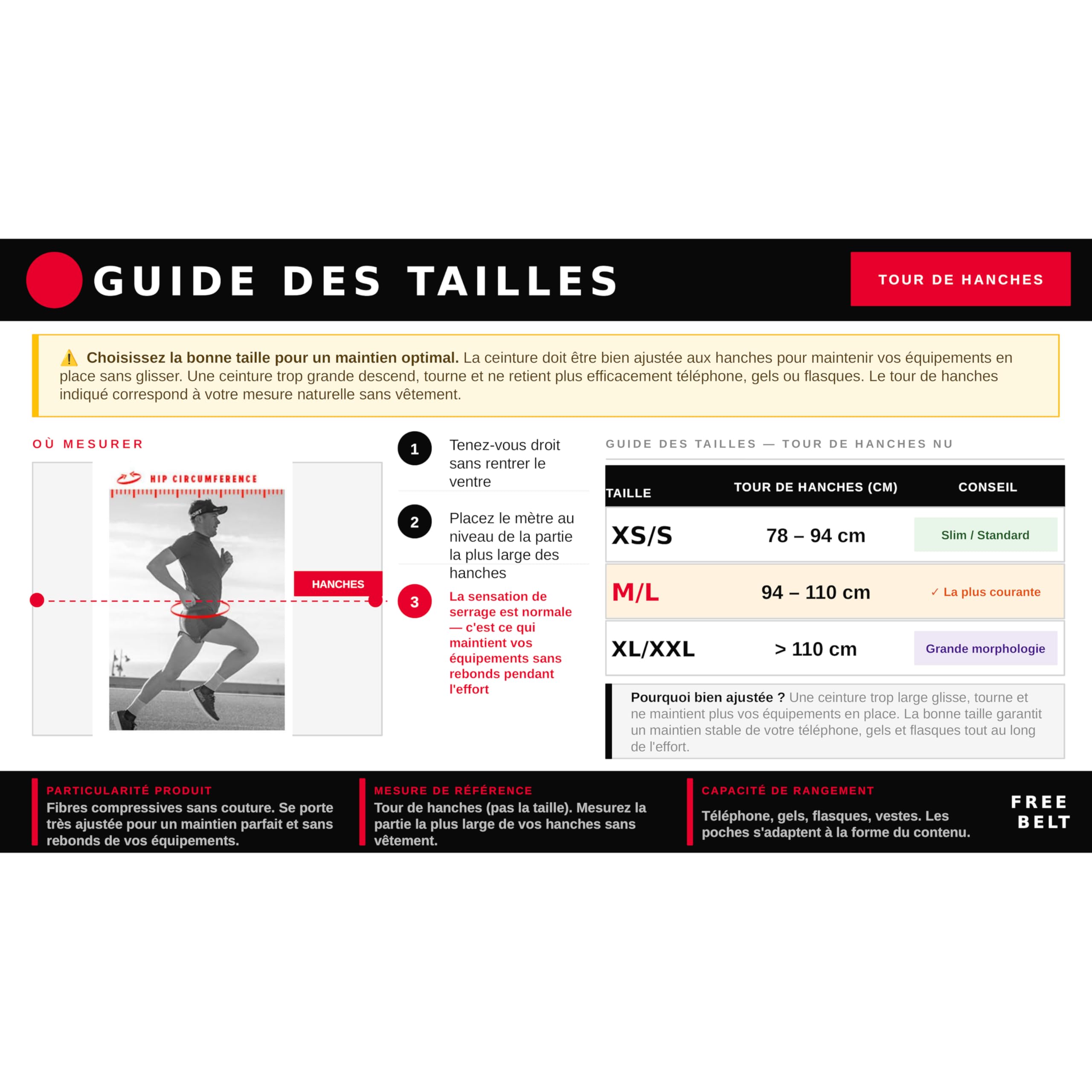 Compressport - Free Belt & Pro - Ceinture pour Running, Vélo, Escalade - Ultra-Légère - Ergonomique - Fibres Souples - sans Ballotement
