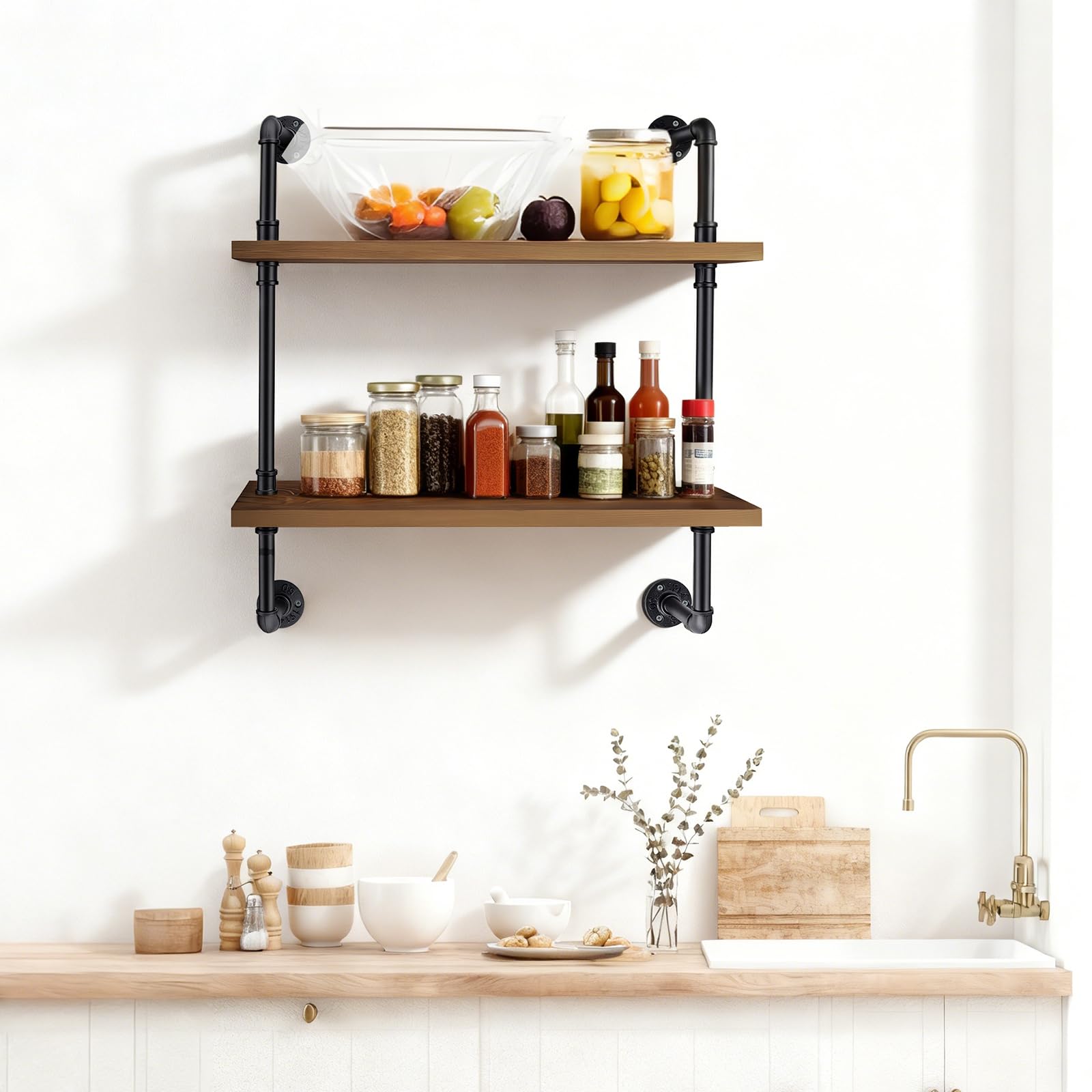 Tanice Estantes industriales de tubería montados en la pared, estante de madera rústica de 2 niveles para cocina y dormitorio, almacenamiento de estilo vintage con diseño resistente