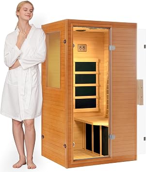 Real Relax Infrared Home Sauna, 1 Person Far Infrared Saunas for Home, Canadian Hemlock Wooden Indoor Sauna Room with LCD Control Panel, Bluetooth Speakers