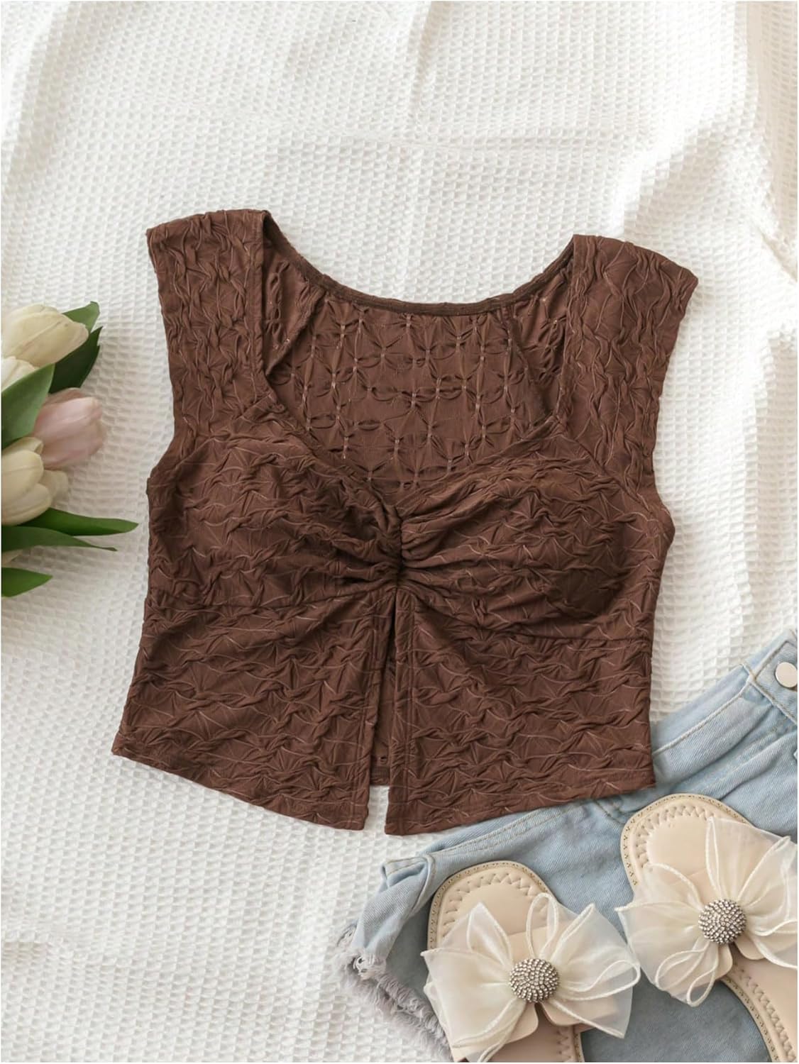 MakeMeChic Women's Sweetheart Neck Tank Crop Tops Ruched Split Sleeveless Summer Shirt - Image 3