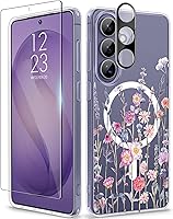 Vista 19 de GVIEWIN Funda protectora para Samsung Galaxy S25, transparente floral, delgada, a prueba de golpes, para mujer, no se pone amarilla, con protector