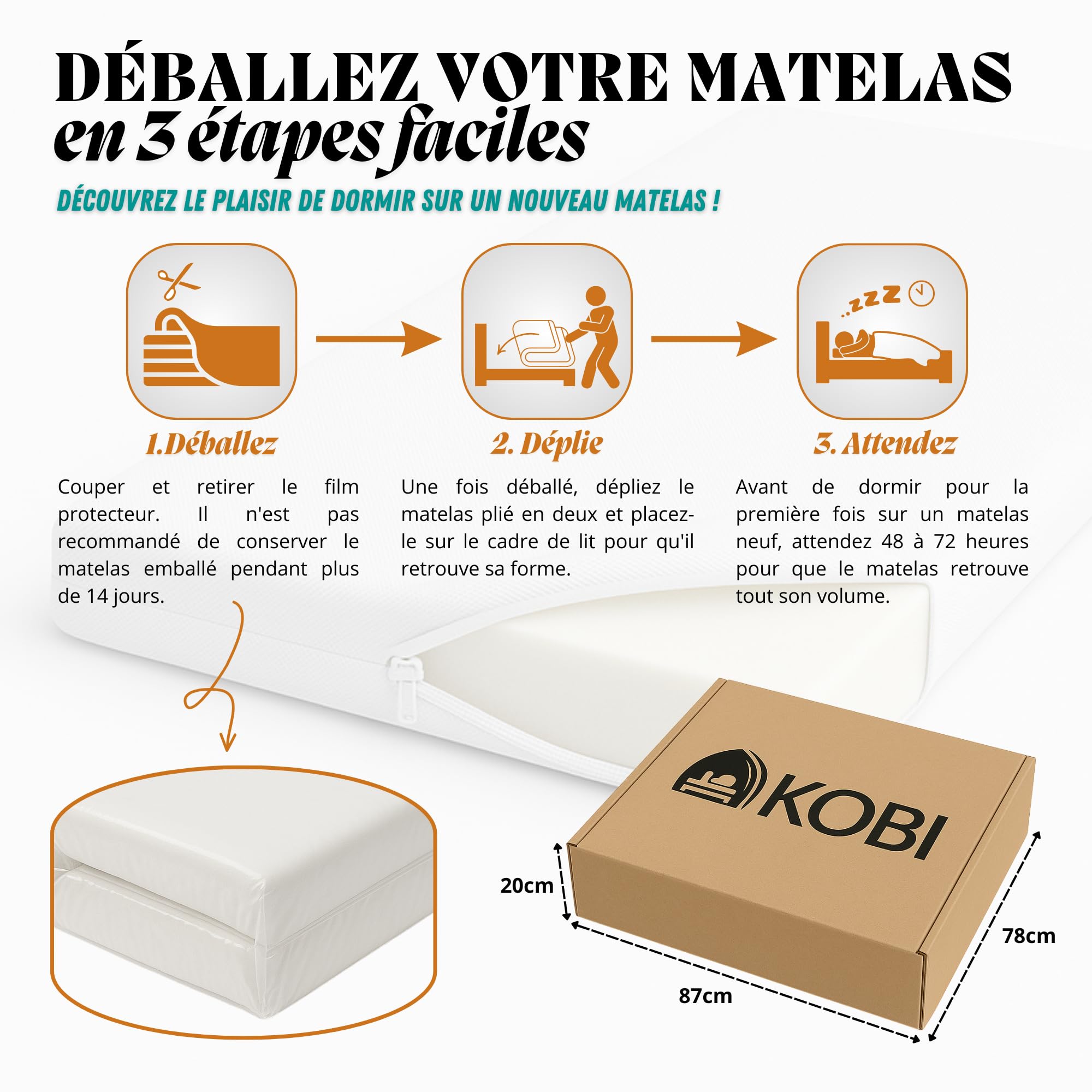 KOBI Matelas en Mousse 80x160, Matelas de lit, H2 Semi-Flexible, pour Chambre d'enfant, Double Face, Respirant, déhoussable