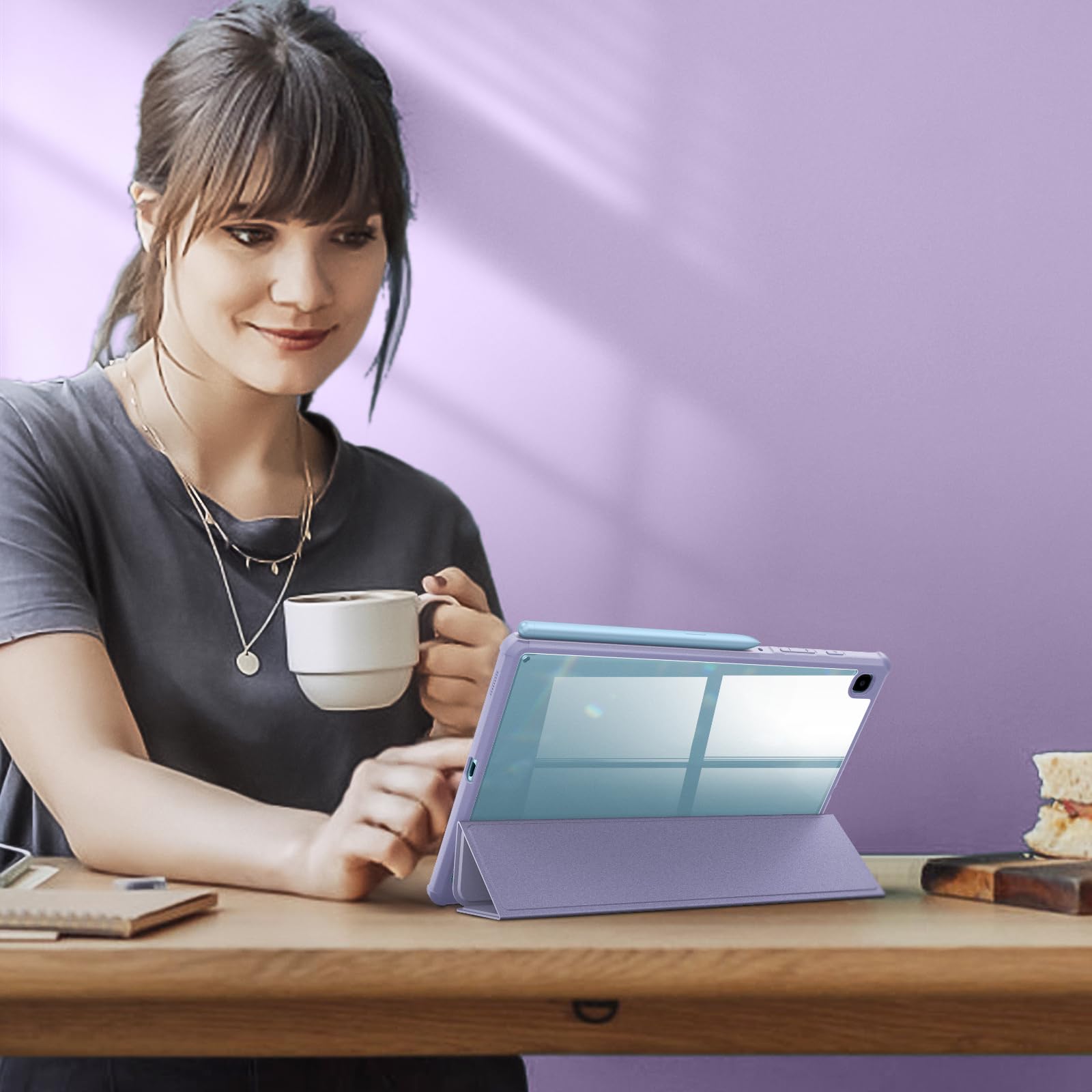 Fintie Hybrydowe etui do tabletu Samsung Galaxy Tab S6 Lite 10,4 cala 2024/2022/2020 - odporne na uderzenia etui ochronne z przezroczystą twardą obudową i uchwytem na długopis, pastelowy fiolet