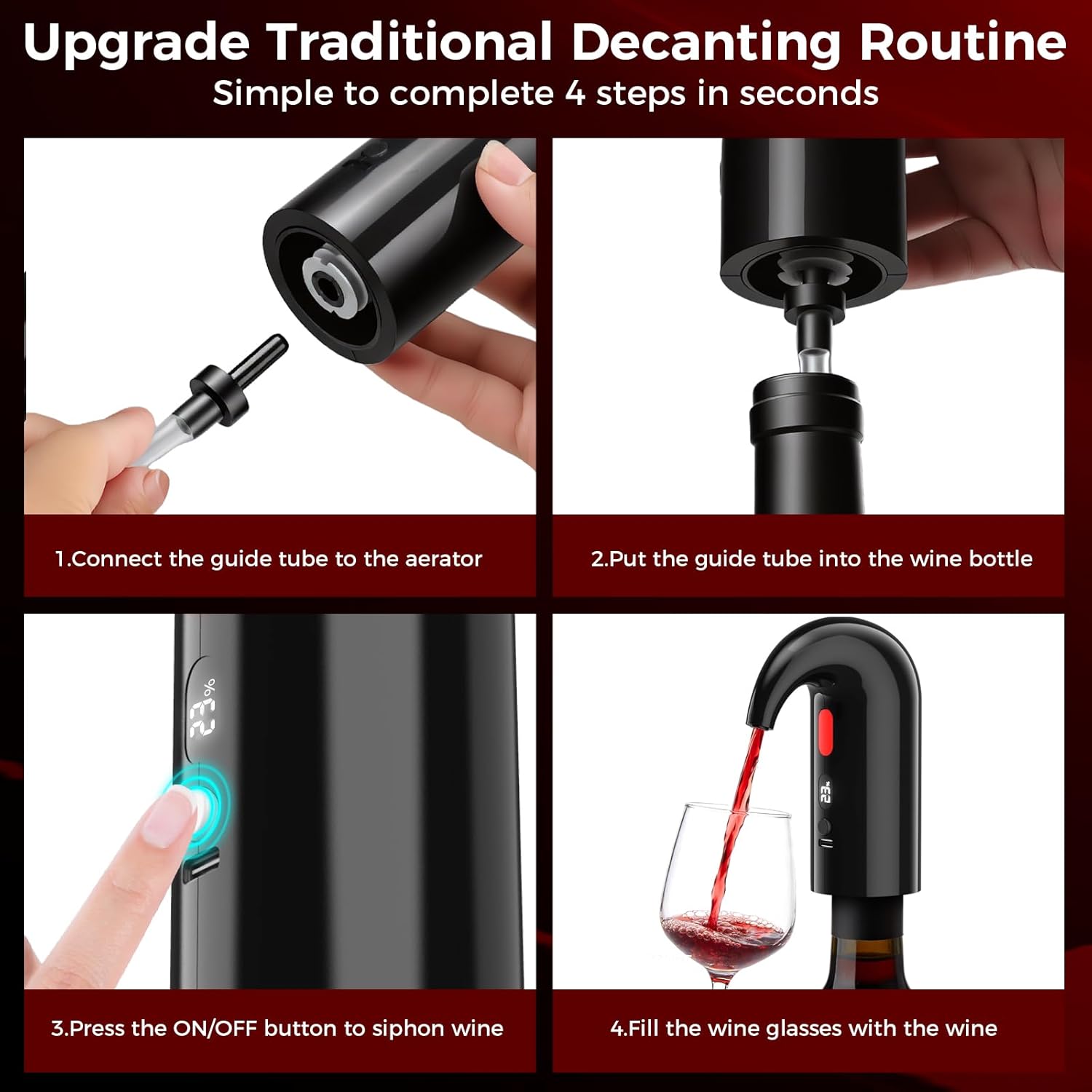 Electric Wine Aerator and Wine Decanter – Quiet Dual-Pump Aeration, Measured Pouring, Temp Display & USB Rechargeable System Electric One-Touch Automatic Wine Decanter and Wine Dispenser Inky