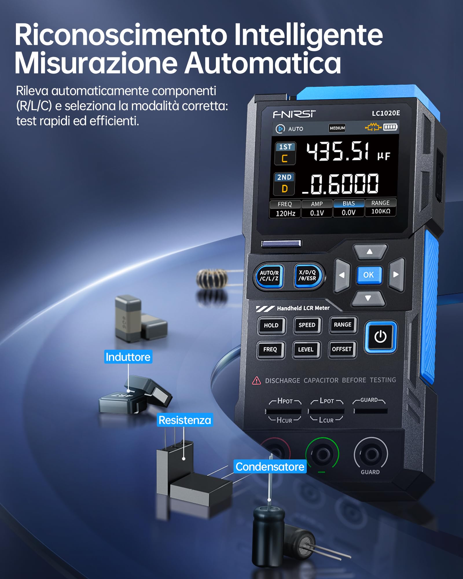 FNIRSI LC1020E Misuratore LCR 100kHz, Tester per Resistori Induttori Condensatori, 19999 Conteggi, Rilevamento Auto Componenti, Misura ESR/Q/D/θ/X, Doppio Parametro, Calibrazione Aperto/Cortocircuito