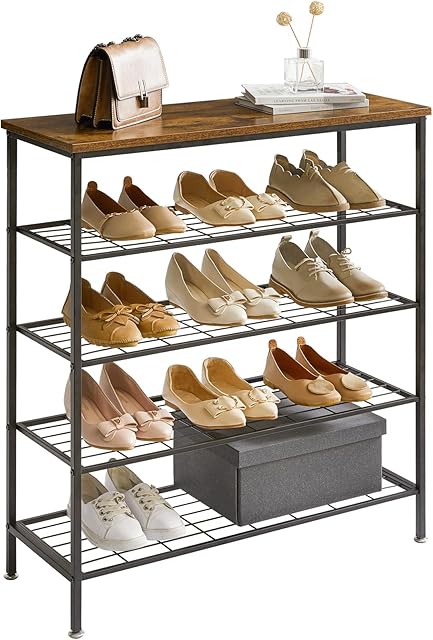 YMYNY Industrial Shoe Rack, 5-Tiers Shoe Organizer for 12-16 Pairs of Shoes, for Entryway, Living Room, Hallway, Closet, 80x30x89 cm, Metal Frame, Easy Assembly, Rustic Brown, TXJ005H