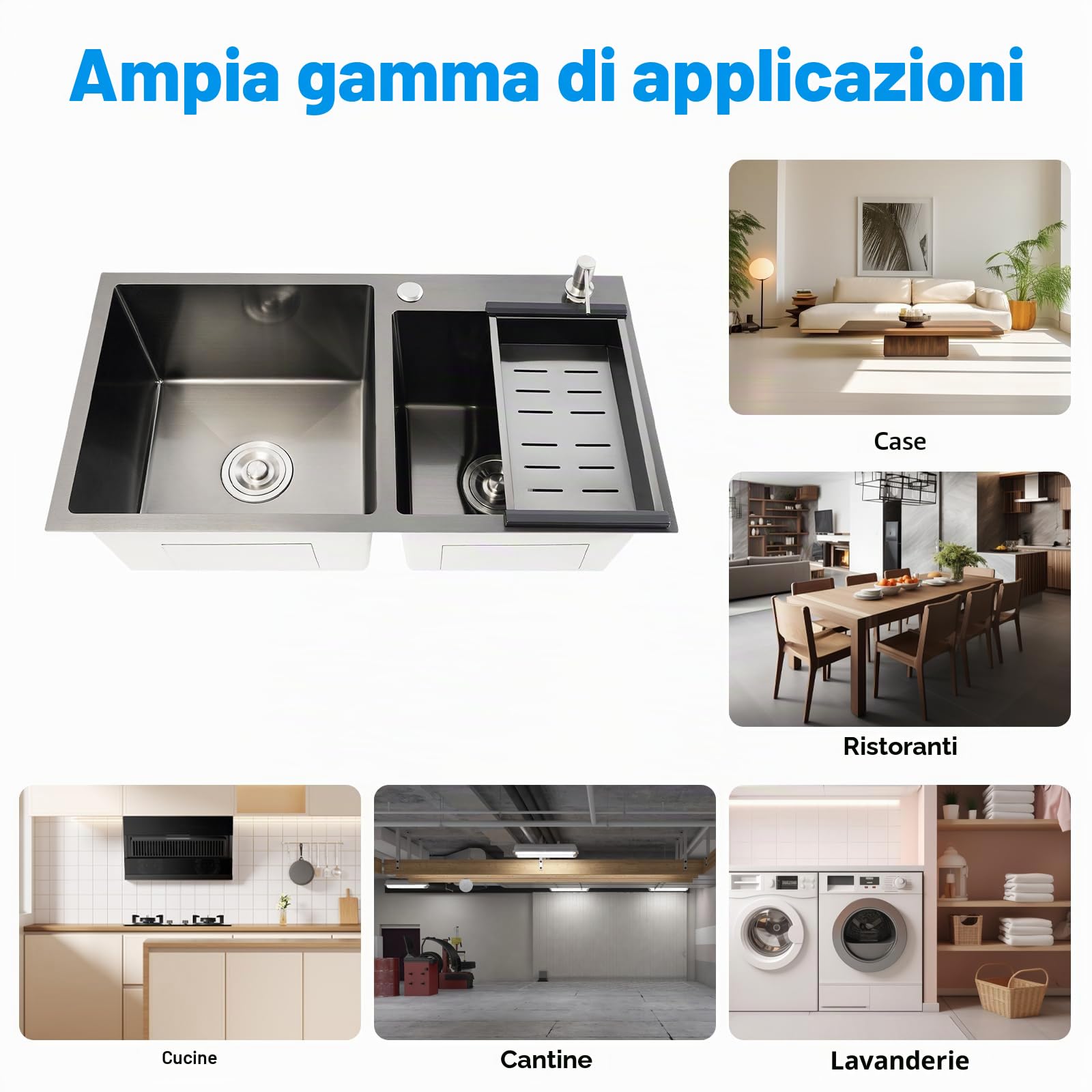 Lavello da cucina indipendente, 2 vasche in acciaio inox, 78 x 43 x 22 cm, in acciaio inox, con dispenser di sapone, per cucina e ristoranti
