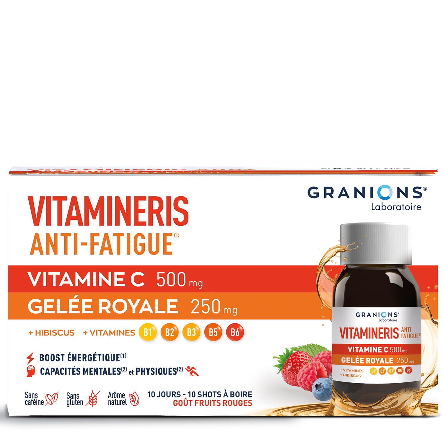 GRANIONS | Vitamineris Shot Anti Fatigue - Vitamine C + Gelee Royale + Hibiscus - Vitamine C Anti Fatigue Puissant - 6 Vitamines & 3 Actifs - Goût Fruits Rouges - 10 Shots - Format 10 jours