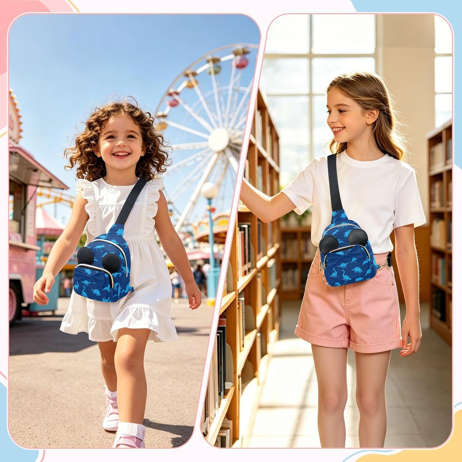 Sinestour Dinosaurs Kids Sling Bag for Girls, 7.5x3.1x5.7 Inches | Crossbody Fanny Pack, Toddler Purse, Cute Sling Belt Bag with Ears, 2L Small Shoulder Chest Bag for Travel