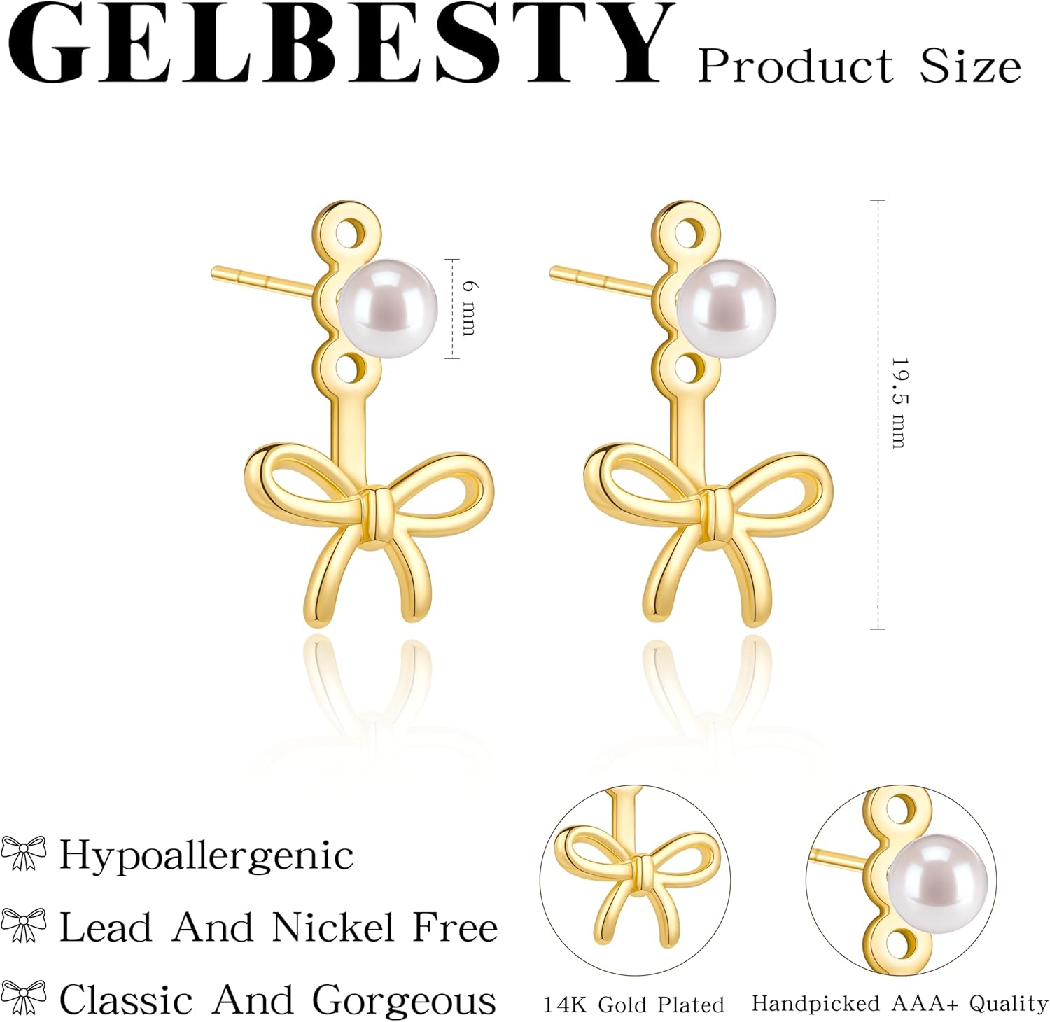 14K Gold Plated Valentines Day Pearl Bow Gold Earrings for Women Trendy, Cute Small Pearl Bowknot Jacket Stud Earrings, Hypoallergenic Cartilage Jewelry for Sensitive Ear, Valentines Day Jewelry Accessory Gifts for Prom Party - Image 8