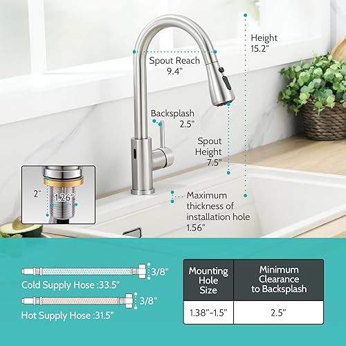 Miniatura 6 de Kicimpro - Grifo de cocina sin contacto con rociador extraíble y monocontrol, sensor de movimiento lateral, grifo con líneas de agua, dos modos de