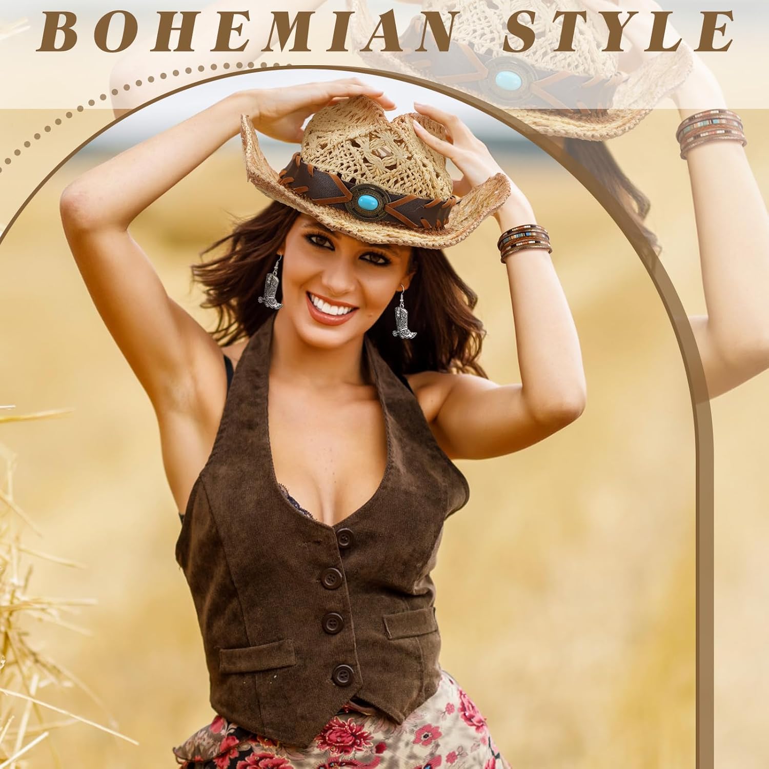 Inbagi 3 Pcs Women's Western Straw Cowboy Hat Set Western Jewelry for Women Bohemian Set Vintage Cowgirl Hat with Earring and Bracelet for Party Supplies - Image 4