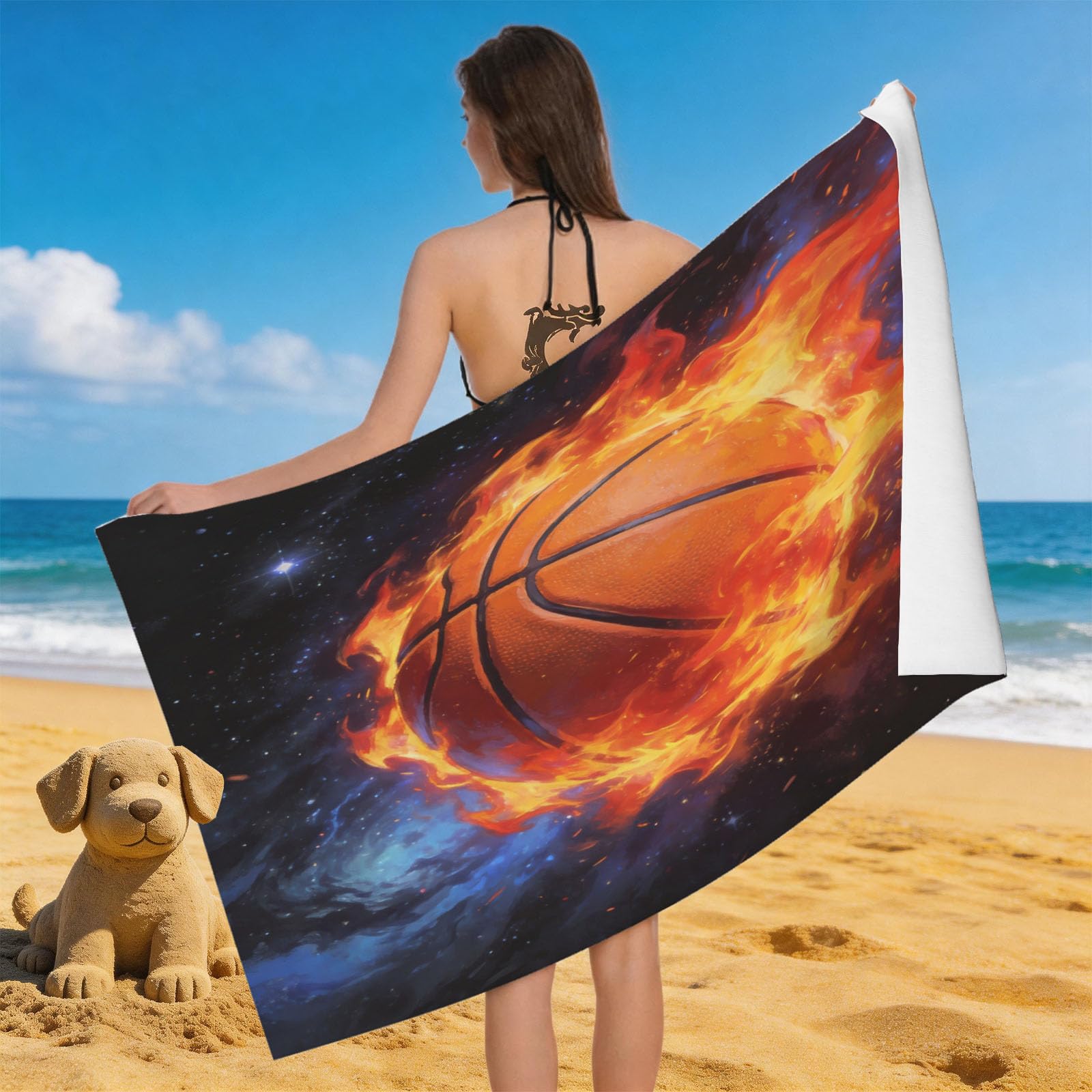 Leichong 3D Flame Basketball Beach Towel Microfiber Soft Quick Dry for Adults, Flame Bath Towel Lightweight Soft Absorbent for Travel Swimming Pool Sports, 75 x 150 cm