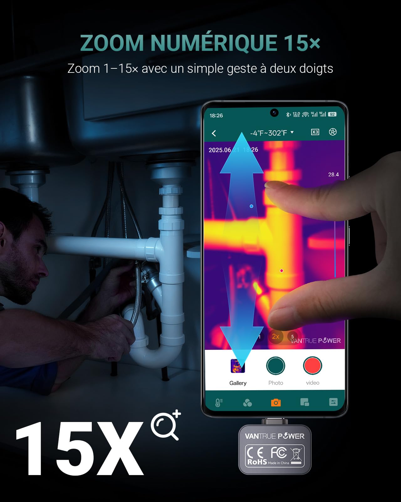 TS1 Caméra Thermique pour Android, Caméra Infrarouge avec Super Résolution 512×384, 25HZ Taux de Rafraîchissement, -20°C à 550°C, Zoom 15x, USB-C, Noir