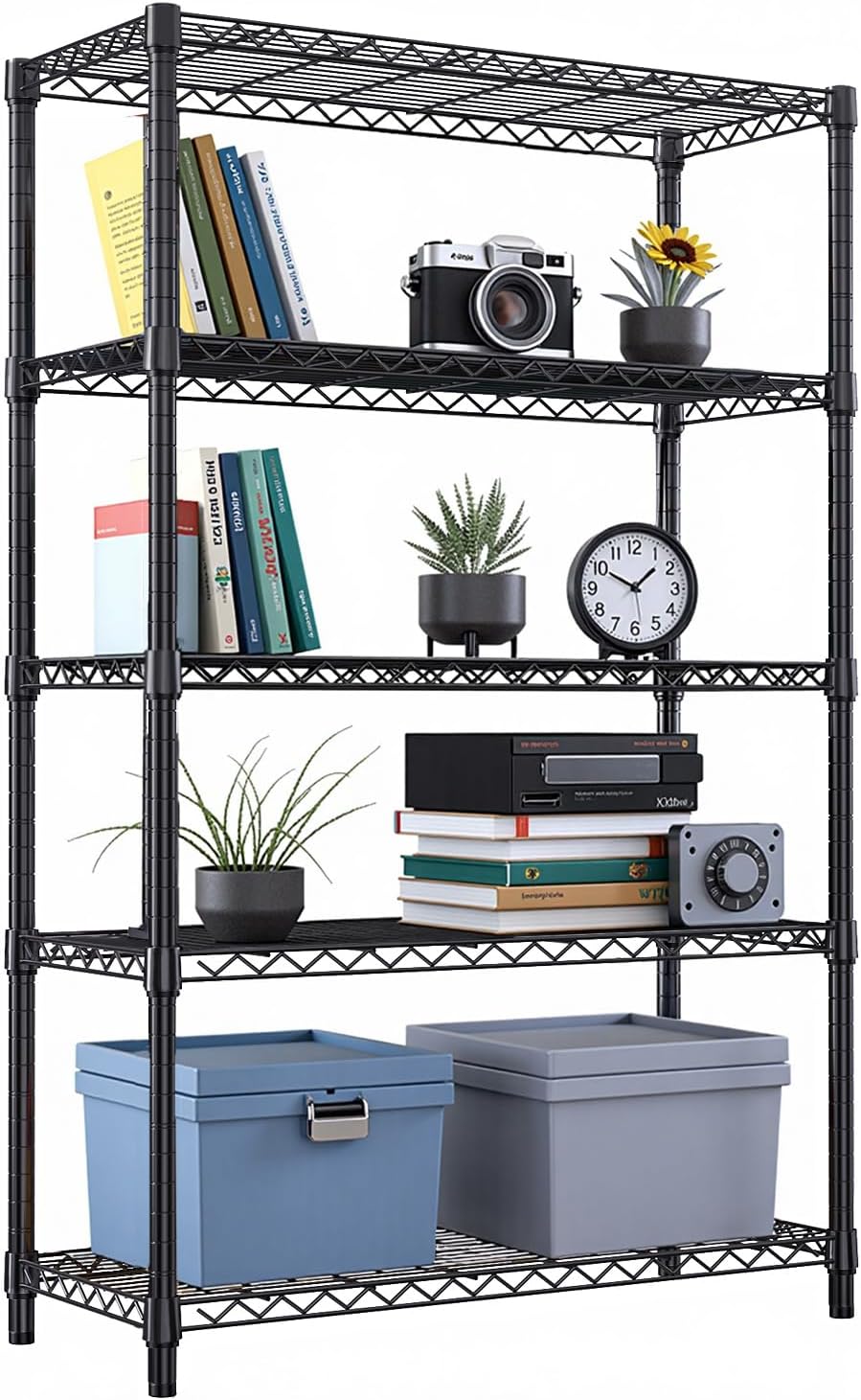 5-Tier Heavy Duty Steel Storage Shelving Unit, 1750 lbs Capacity Adjustable Wire Rack with Locking Wheels, Industrial Utility Shelves for Garage, Warehouse, Kitchen, Basement, Black