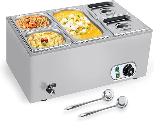 Calentador de alimentos comercial, 13.7 cuartos de galón, mesa de vapor, bufé, calentadores de alimentos de 1500 W, 110 V, 5 sartenes, de acero