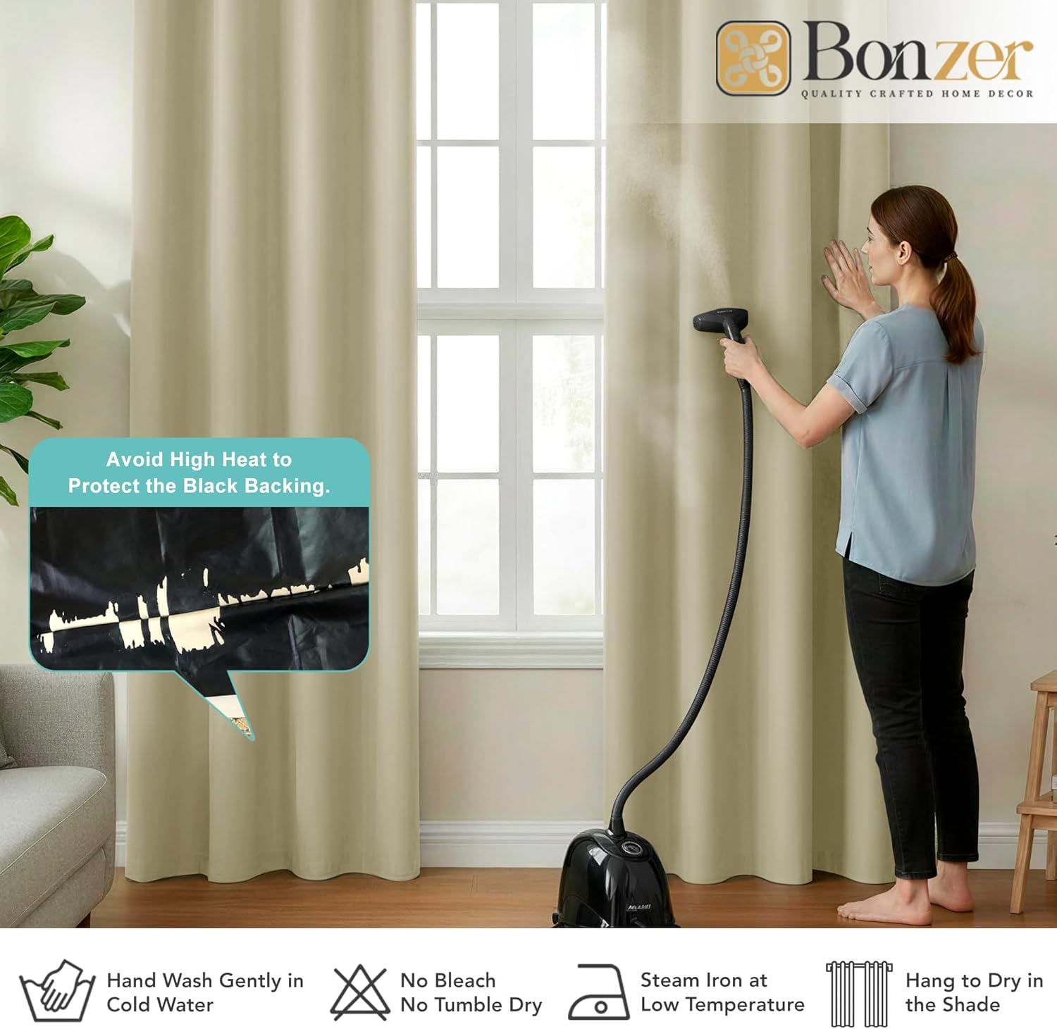 BONZER 100% Blackout Curtains 4 Panels - Full Light Blocking Window Drapes 63 Inch Length, Single Layer Grommet Room Darkening Black Out Curtain with Black Backing for Bedroom/Living Room, Beige