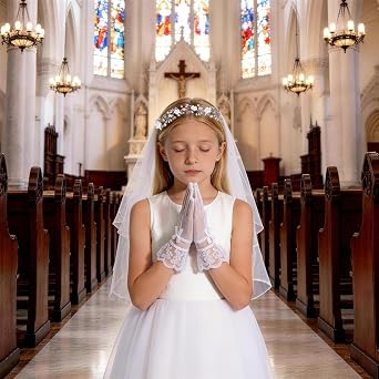 3 Pcs First Communion Veil Set Gloves Headpiece 1st Holy Communion Accessories White Lace Veil Flower Crown for Wedding Party Costume