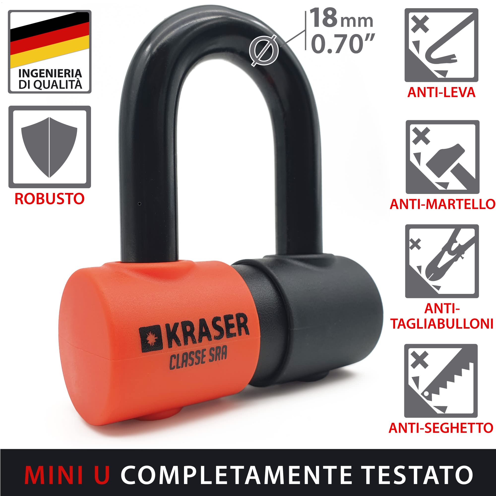 KRASER KR50 Bloccadisco Moto Mini U Omologato SRA, Arco in Acciaio Ultra Rinforzato 18 Testato, Doppia Chiusura, Serratura a Dischi Antiscasso, Cavo Promemoria, Lucchetto Antifurto Blocca Disco Moto