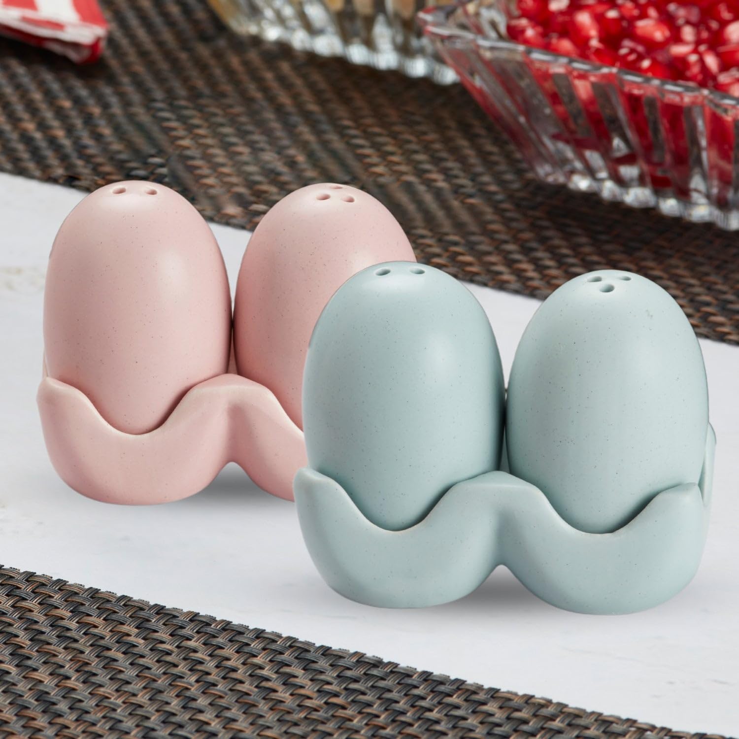 Kookee Ceramic Salt and Pepper Shakers Set with Tray for Dining Table Used as Namak Dhani, Shaker, Sprinkler, Spices Dispenser for Home, Kitchen and Restaurant, Set of 2 (10484)