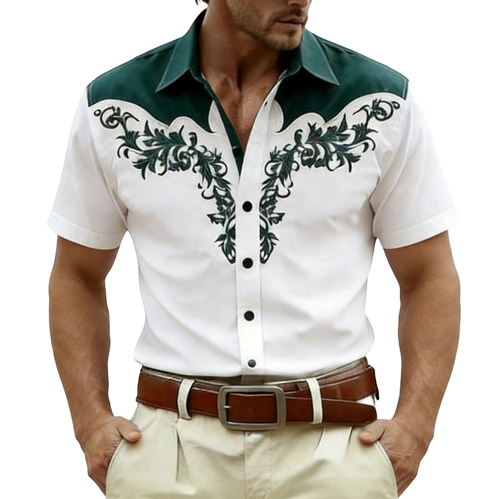 RUMAOZIA Men's Shirt Western Cowboy Style 3D Print White Vintage Medieval Shirts Short Sleeve Cowboy Costume Shirt Embroidery Look Men Carnival Party Top Regular Fit Fancy Dress Costume, O Dark Green
