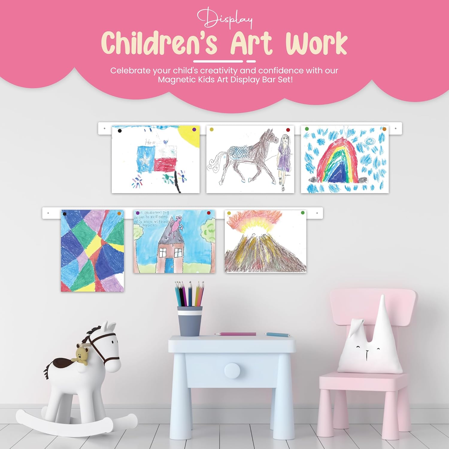 Magnetic Art Display for Kids Artwork - Kids Art Display - Artwork Display for Kids Art for Wall - Picture Hanging System - Display Children Artwork - Magnet Bar (White, 35in)