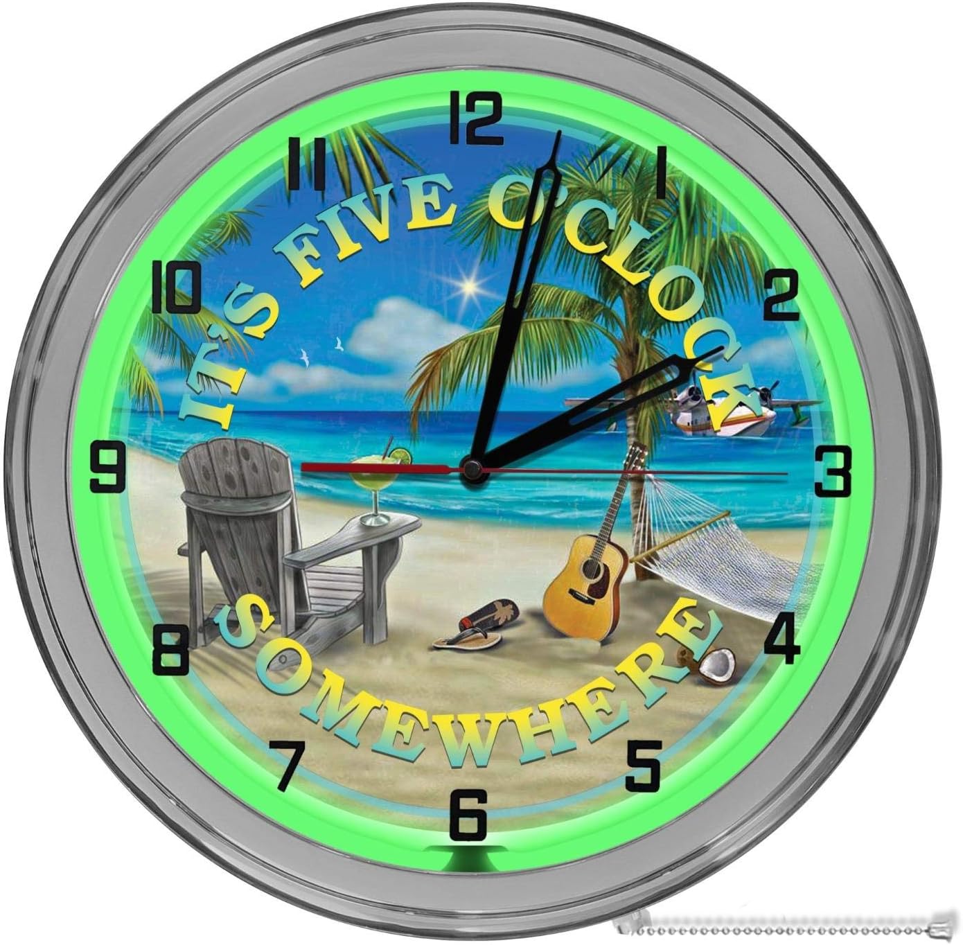 Tropical Beach Paradise Always Five O'clock 16" Light Up Green Neon Clock