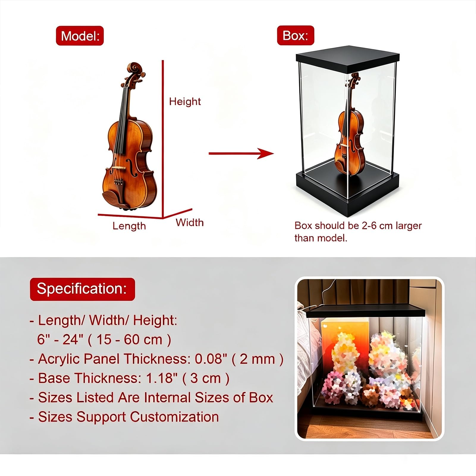 Urna Metacrilato Vitrina LED Ajustable de Acrílico con Base Tapa
